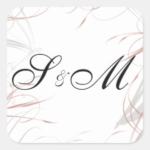 Elegant Blush and Grey Swirls Monogrammed Wedding Square Sticker