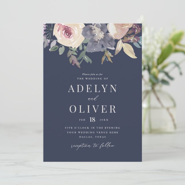 Elegant Blush and Navy Floral Wedding Invitation (Standing Front)