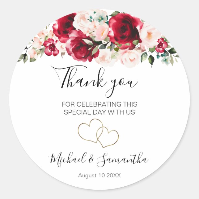 Elegant Blush and Red Rose Wedding Classic Round Sticker (Front)