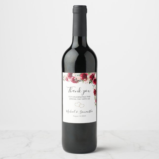 Elegant Blush and Red Roses Wedding Wine Label (Front)