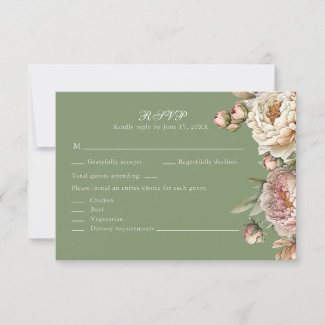 Elegant Blush and Sage Green Peonies RSVP Card (Front)
