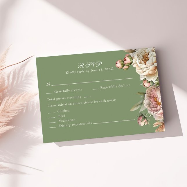 Elegant Blush and Sage Green Peonies RSVP Card (Elegant Blush and Sage Green Peonies RSVP Card on a sunny table with neutral dry botanicals)