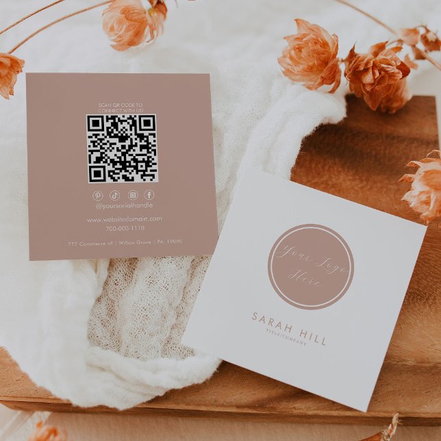 Elegant Blush and White Logo Formal QR Code Square Business Card (Creator Uploaded)