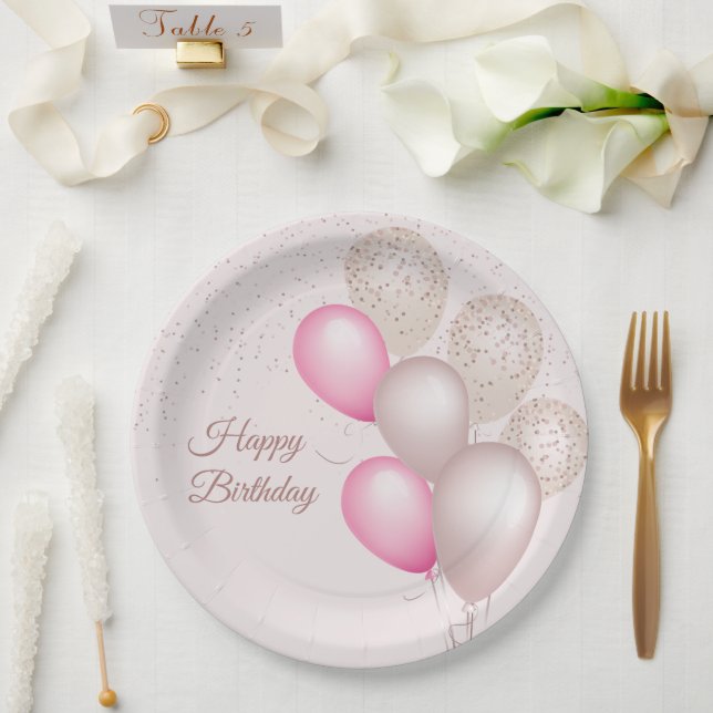 Elegant Blush Beige Balloons Birthday  Paper Plate (Wedding)