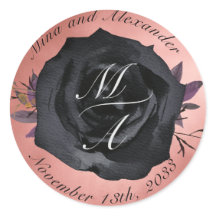 Elegant Blush Black Rose Monogram Wedding Sticker