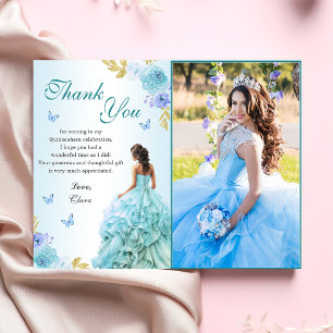 Elegant Blush Blue Floral Quinceañera Birthday Thank You Card
