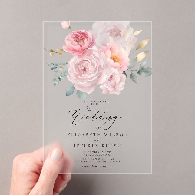 Elegant Blush Botanical Floral Wedding Acrylic Invitations (Insitu (Handheld))