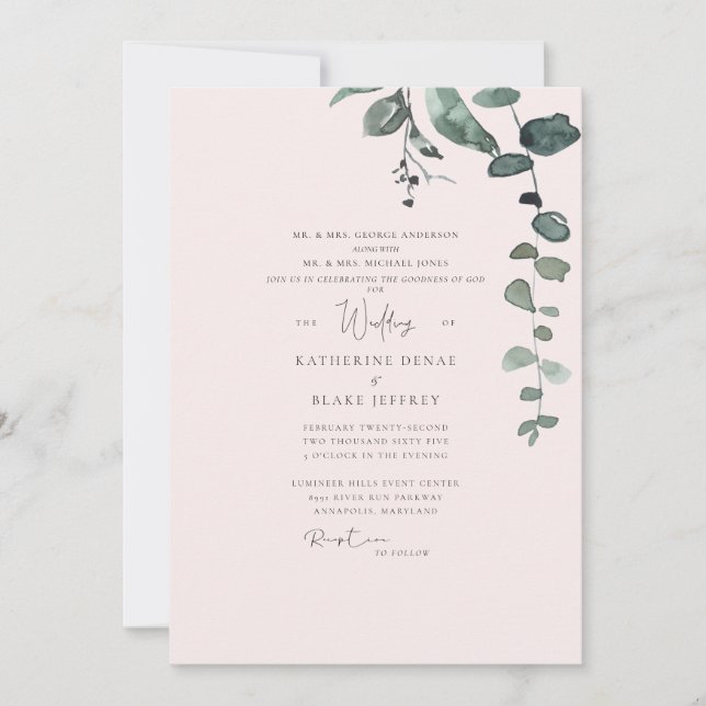 Elegant Blush Botanical Foliage Wedding Invitation (Front)