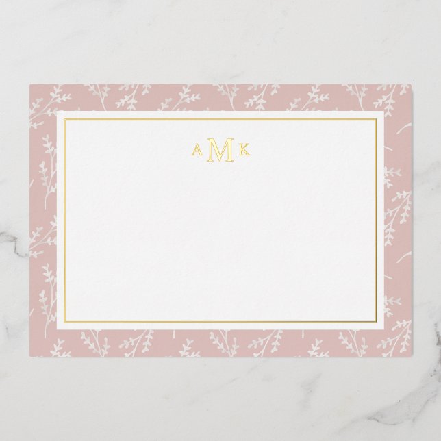 Elegant Blush Botanical Monogrammed Foil Note Card (Front)