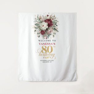 Elegant Blush Burgundy 80th Birthday Backdrop Tapestry