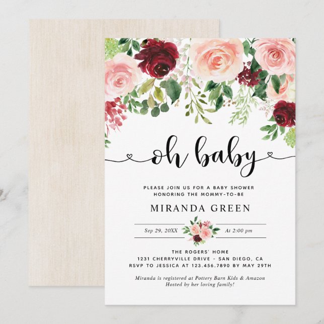 Elegant Blush Burgundy Floral Baby Shower Invitation (Front/Back)