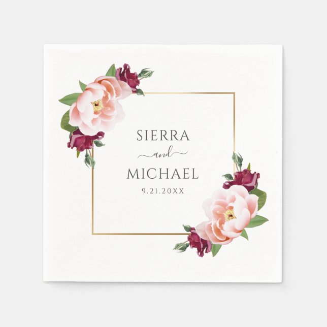 Elegant Blush Burgundy Floral Gold Wedding Napkin (Front)