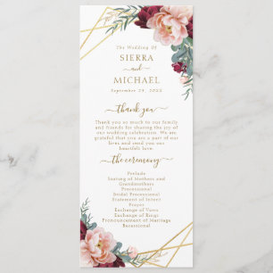 Elegant Blush Burgundy Floral Gold Wedding Program