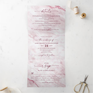 Elegant Blush & Burgundy Marble with Foil Wedding Tri-Fold Invitation