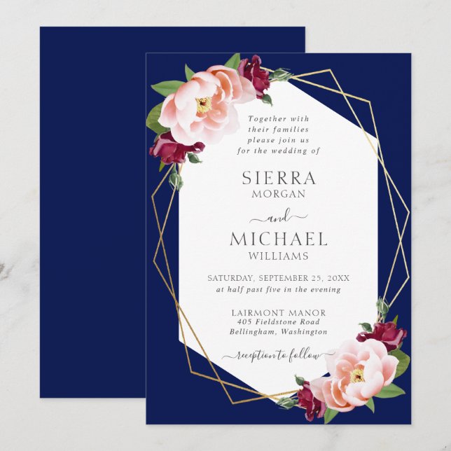 Elegant Blush Burgundy Navy Blue Gold Wedding Invitation (Front/Back)