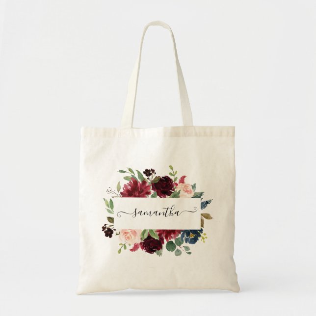 Elegant Blush Burgundy Navy Floral Personalized Tote Bag (Front)