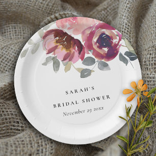 ELEGANT BLUSH BURGUNDY ROSE FLORAL BRIDAL SHOWER PAPER PLATE
