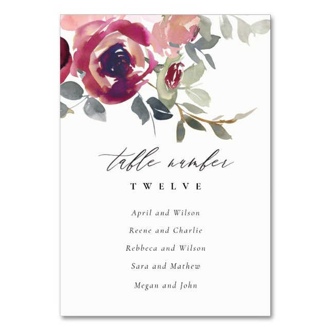 Elegant Blush Burgundy Rose Floral Seating Chart Table Number (Front)