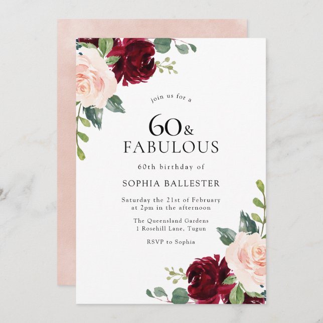 Elegant Blush & Burgundy Watercolor 60th Birthday Invitation (Front/Back)