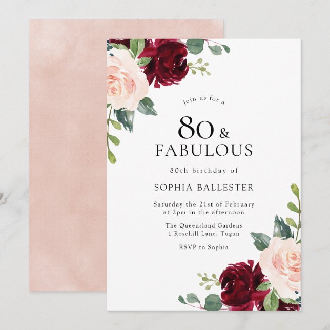 Elegant Blush & Burgundy Watercolor 80th Birthday Invitation (Front/Back)