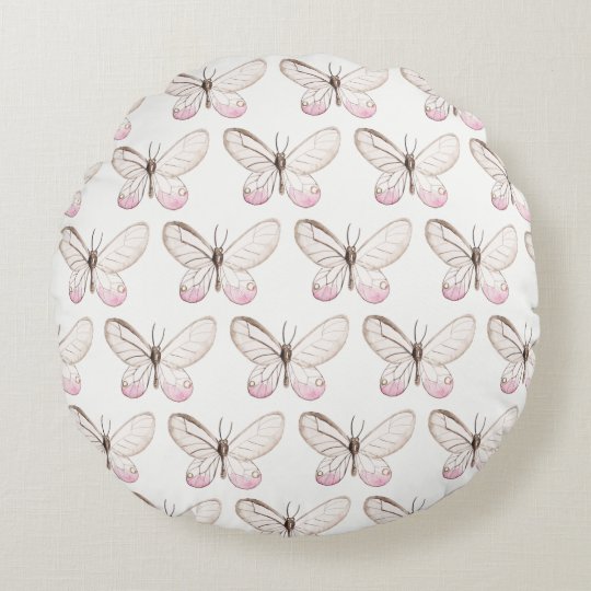 Elegant Blush Butterflies Pattern Round Pillow