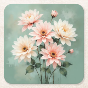Elegant Blush Chrysanthemum Art Square Paper Coaster