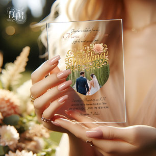 Elegant Blush Dahlias Golden Script Wedding Photo Acrylic Invitations