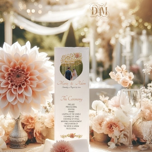 Elegant Blush Dahlias Golden Script Wedding Photo Program (Creator Uploaded)