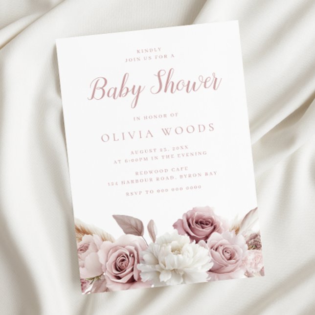 Elegant Blush & Dusty Pink Roses Baby Shower Invitation (Creator Uploaded)