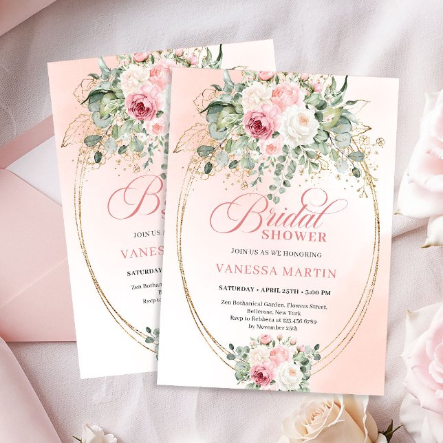 Elegant Blush Eucalyptus Bridal Shower Gold Invite (Elegant Blush Eucalyptus Bridal Shower Gold Invitation)