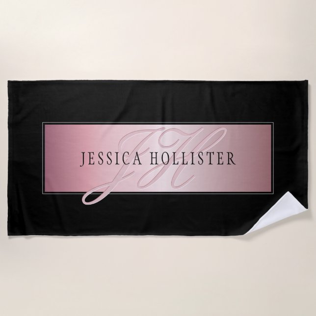 Elegant Blush Faux Rose Gold | Name & Initials Beach Towel (Front)