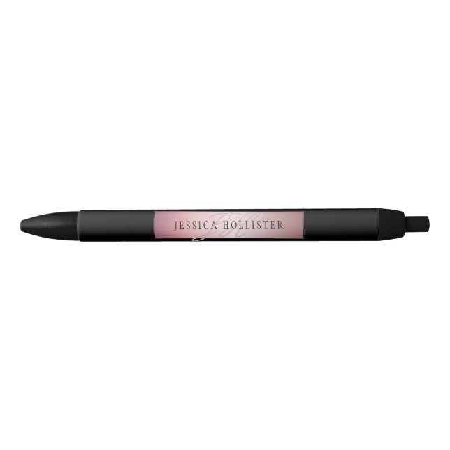 Elegant Blush Faux Rose Gold | Name & Initials Black Ink Pen (Front)