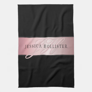 Elegant Blush Faux Rose Gold   Name & Initials Kitchen Towel