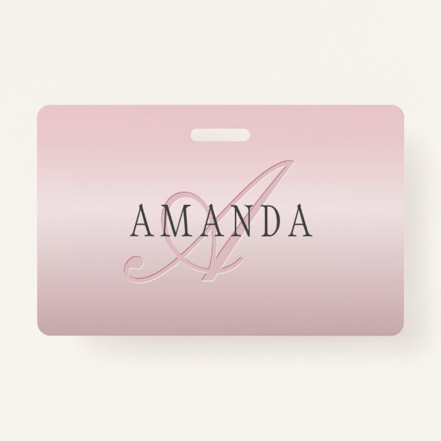 Elegant Blush Faux Rose Gold | Name & Monogram Badge (Front)