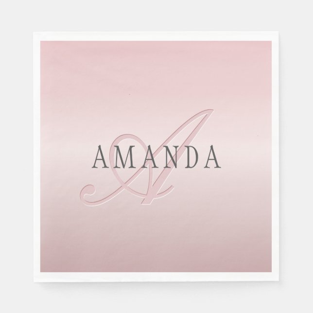 Elegant Blush Faux Rose Gold | Name & Monogram Napkin (Front)