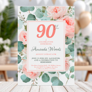 Elegant blush floral 90th birthday with roses invitation