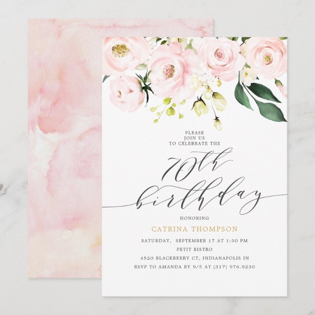 Elegant  Blush Floral and Eucalyptus 70th Birthday Invitation (Front/Back)