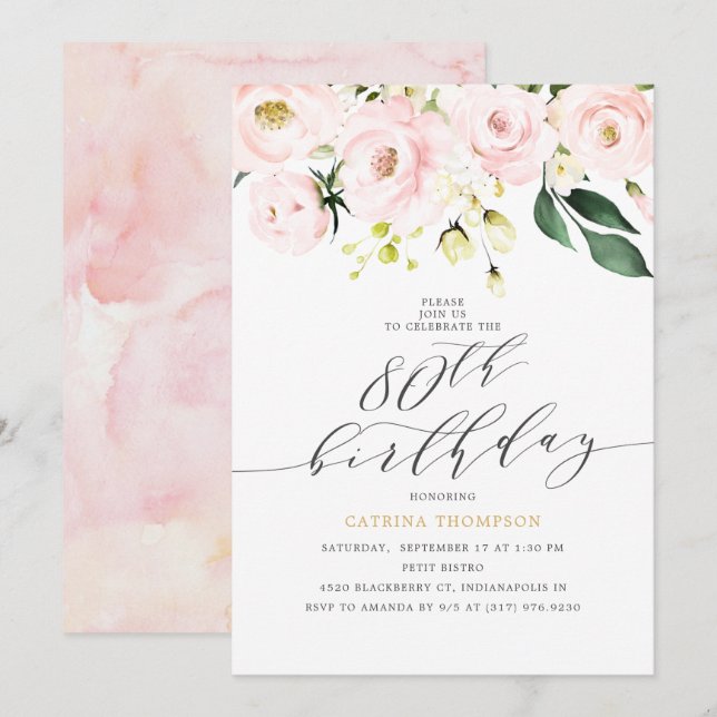 Elegant  Blush Floral and Eucalyptus 80th Birthday Invitation (Front/Back)