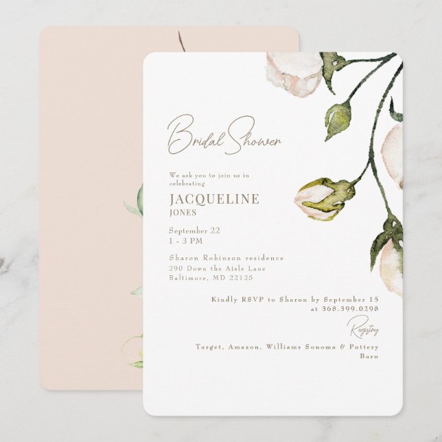 Elegant Blush Floral Botanical Bridal Shower Invitation (Front/Back)