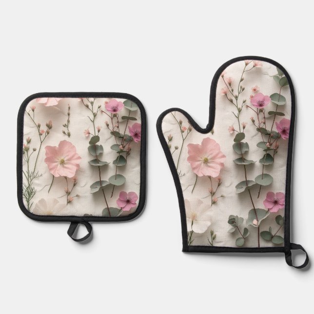 Elegant Blush Floral Botanical Oven Mitts & Pot Ho Oven Mitt & Pot Holder Set (Front)