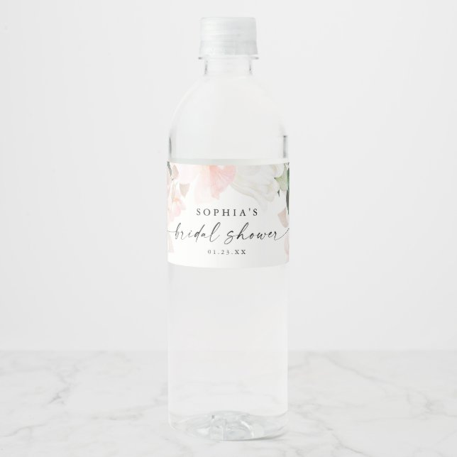 Elegant Blush Floral Bridal Shower Favours Water Bottle Label (Front)