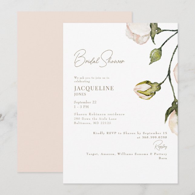 Elegant Blush Floral Bridal Shower Invitation (Front/Back)
