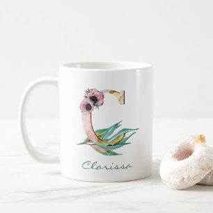 Elegant Blush Floral C Watercolor Foliage Monogram Coffee Mug