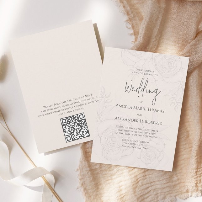 Elegant Blush Floral Calligraphy Script QR Code  Invitation (Elegant blush floral wedding invitation with elegant calligraphy script. with QR Code. )