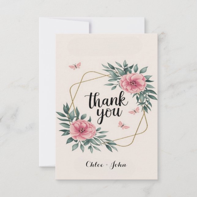 Elegant Blush Floral Custom Wedding  Thank You Card (Front)
