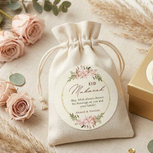 Elegant Blush Floral Eid Mubarak Round Sticker