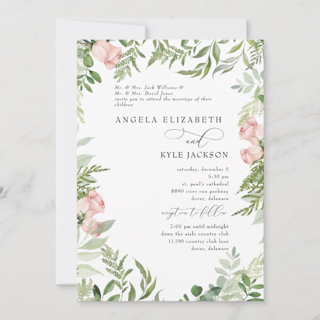Elegant Blush Floral Eucalyptus Both Parents Invitation (Front)