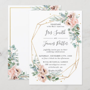 Elegant Blush Floral Eucalyptus Geometric Gold Invitation