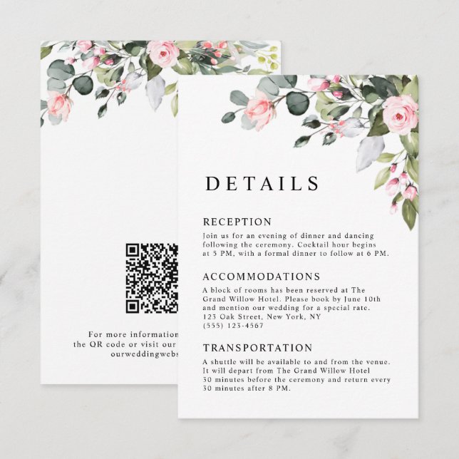 Elegant Blush Floral Eucalyptus QR Code Wedding Enclosure Card (Front/Back)