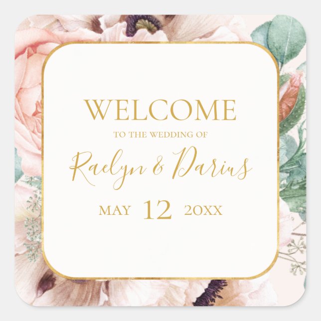 Elegant Blush Floral Garden Pastel Wedding Welcome Square Sticker (Front)
